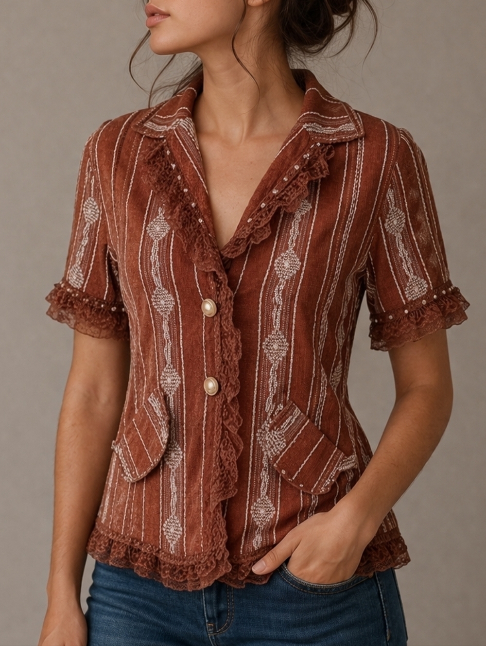 KELLY USA Coquette Castlecore Lace Ribbon Pearl Button Down Short Sleeve Shirt